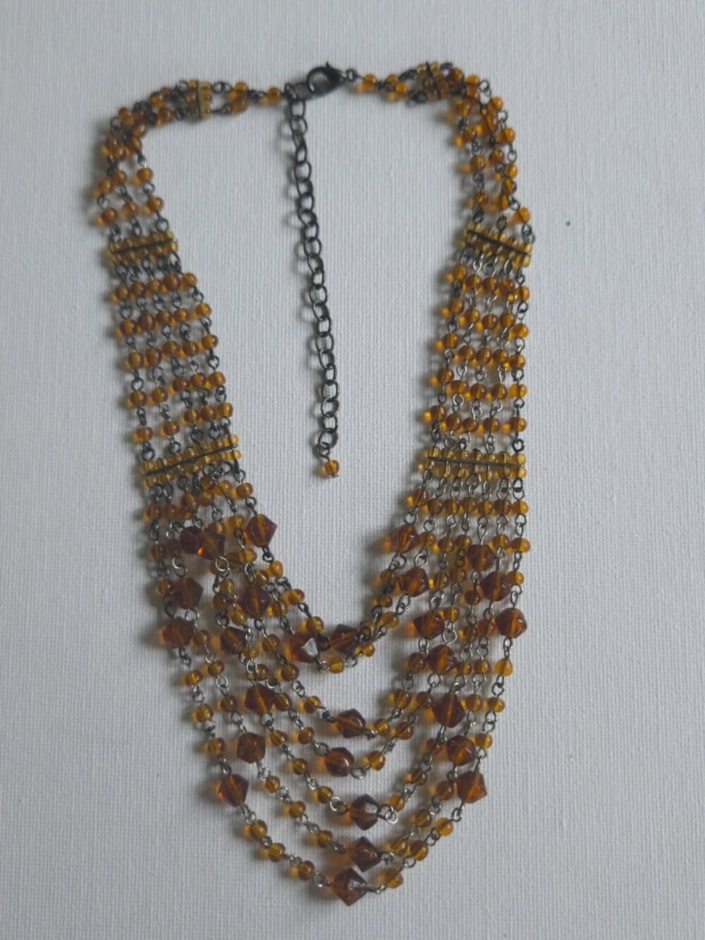 Vintage Amber Glass Crystal Multi Strand Waterfall Bib Necklace Bronze Tone